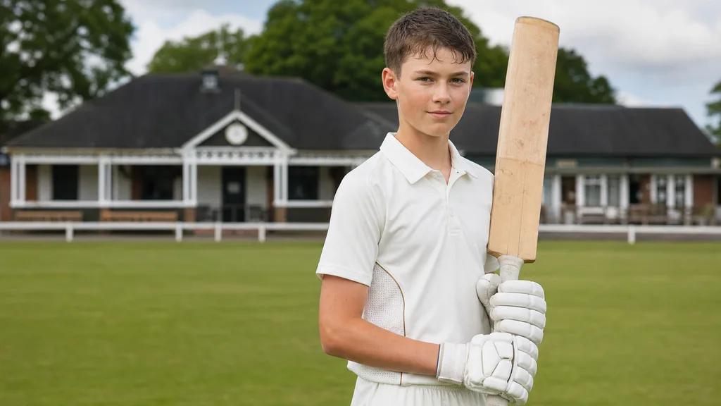 Illustrative fictional Candidate 104 holding a cricket bat at a local ground