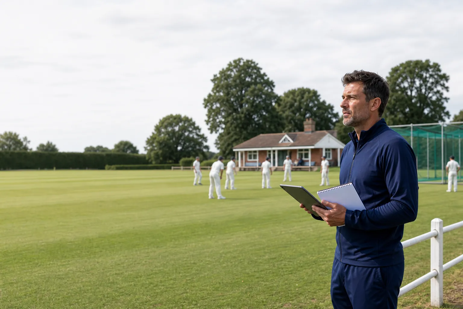 Illustrative fictional county coach watching players at a Derbyshire cricket ground